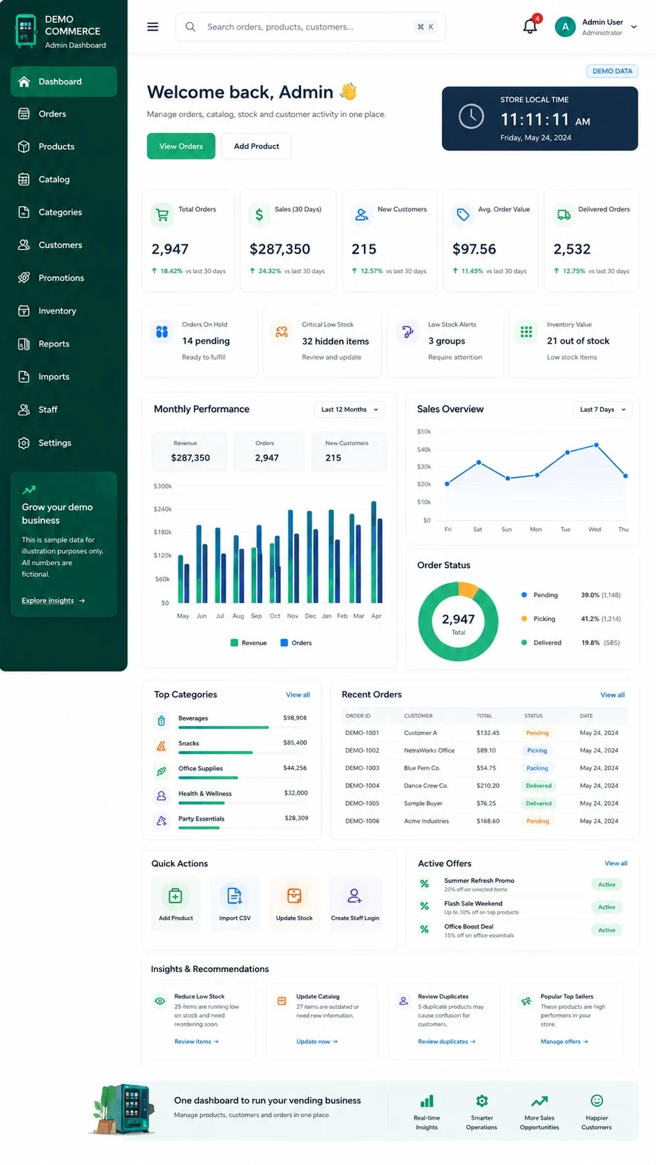 VendFront vending commerce admin dashboard for managing orders, products, customers and sales