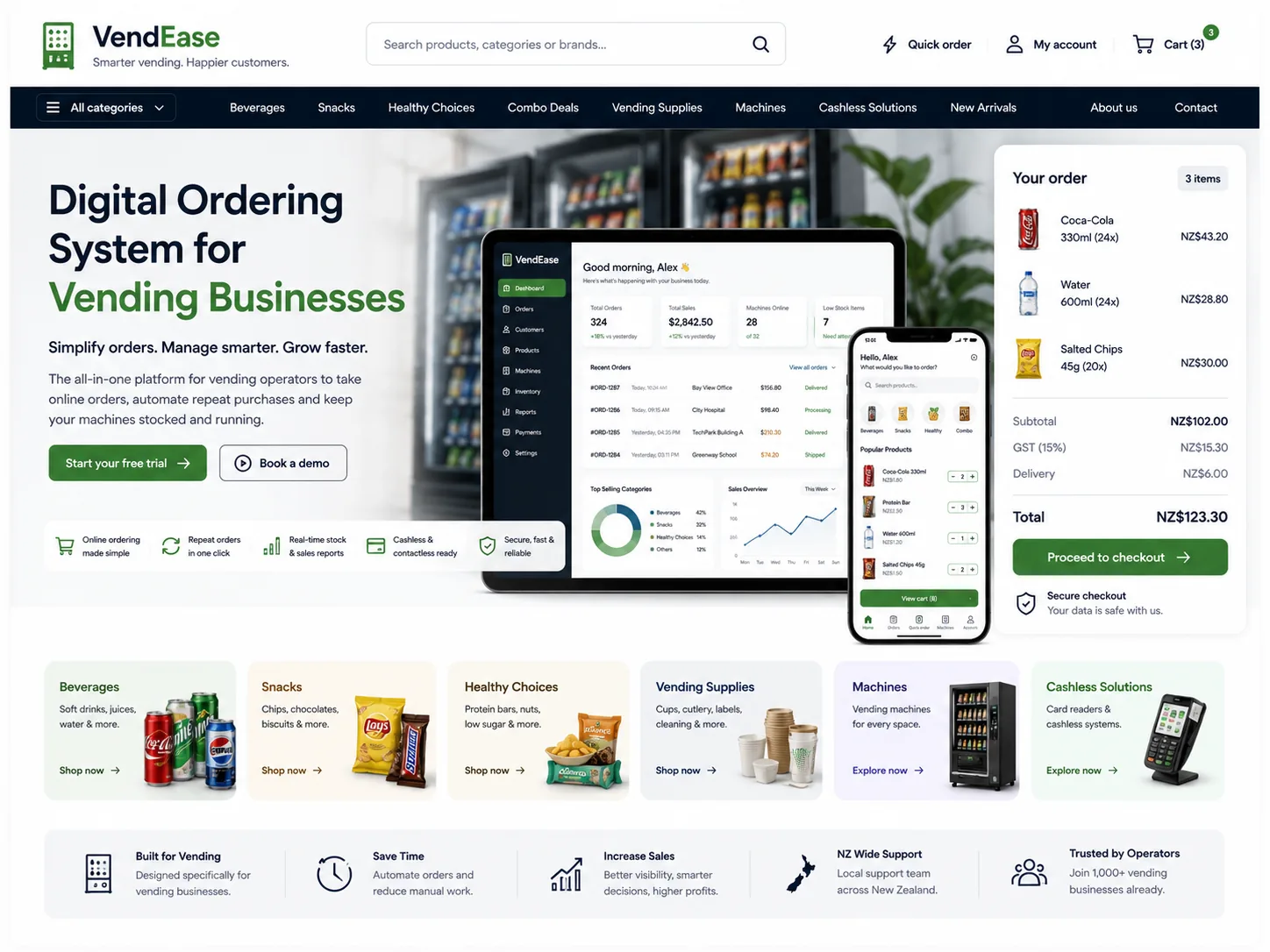 Digital ordering system for vending businesses with customer storefront and operator dashboard